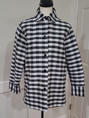 Emmelle Luxury Black & White Check Pattern 100% Silk Button Front Shirt - Size S